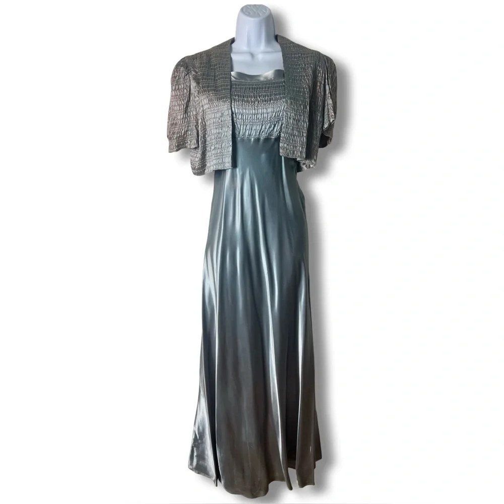 La Parisienne Creators SF Vintage Blue Satin Smocked Gown‎ + Shrug 2pc 40s Sz. S